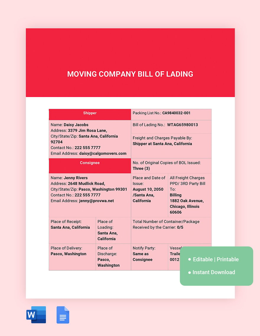 Moving Company Bill Of Lading Template