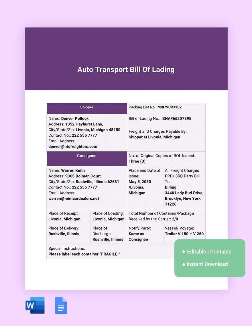 Auto Transport Bill Of Lading Template