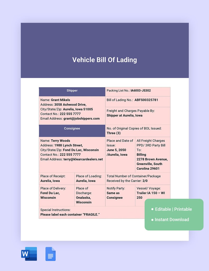 Vehicle Bill Of Lading Template