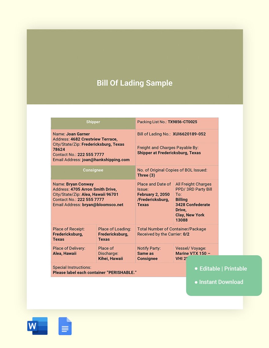 Bill Of Lading Sample