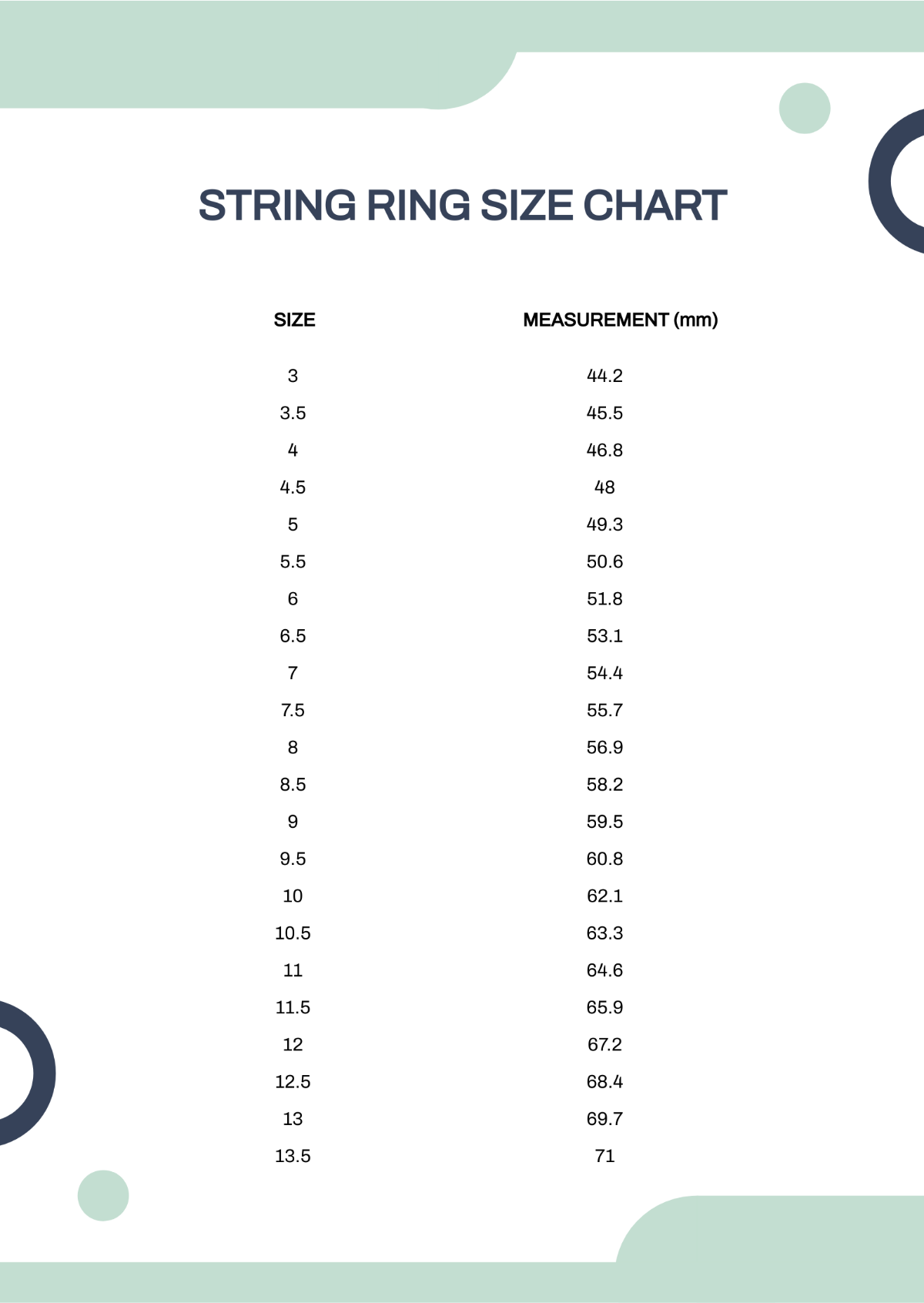 Free String Ring Size Chart Template