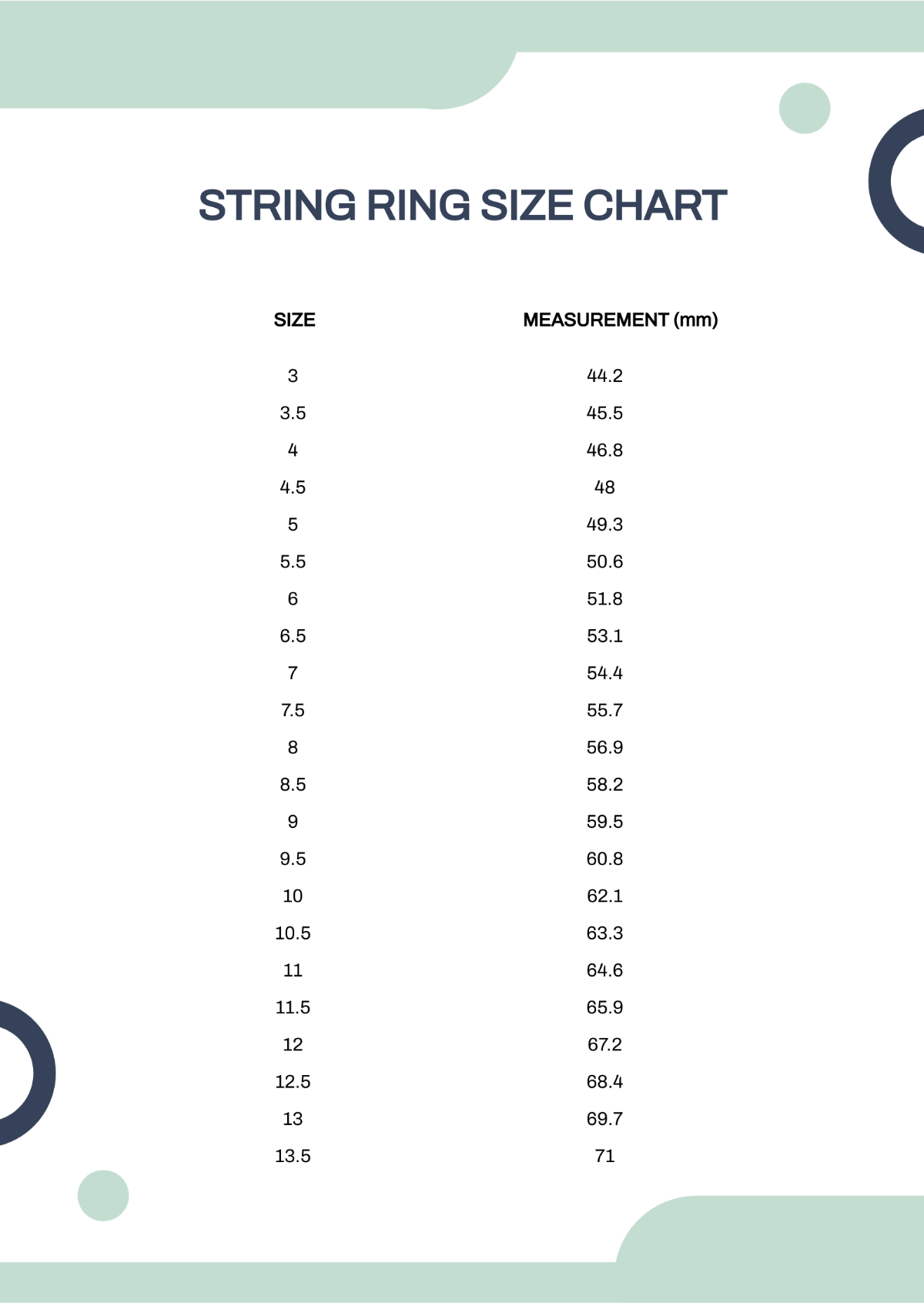 String Ring Size Chart