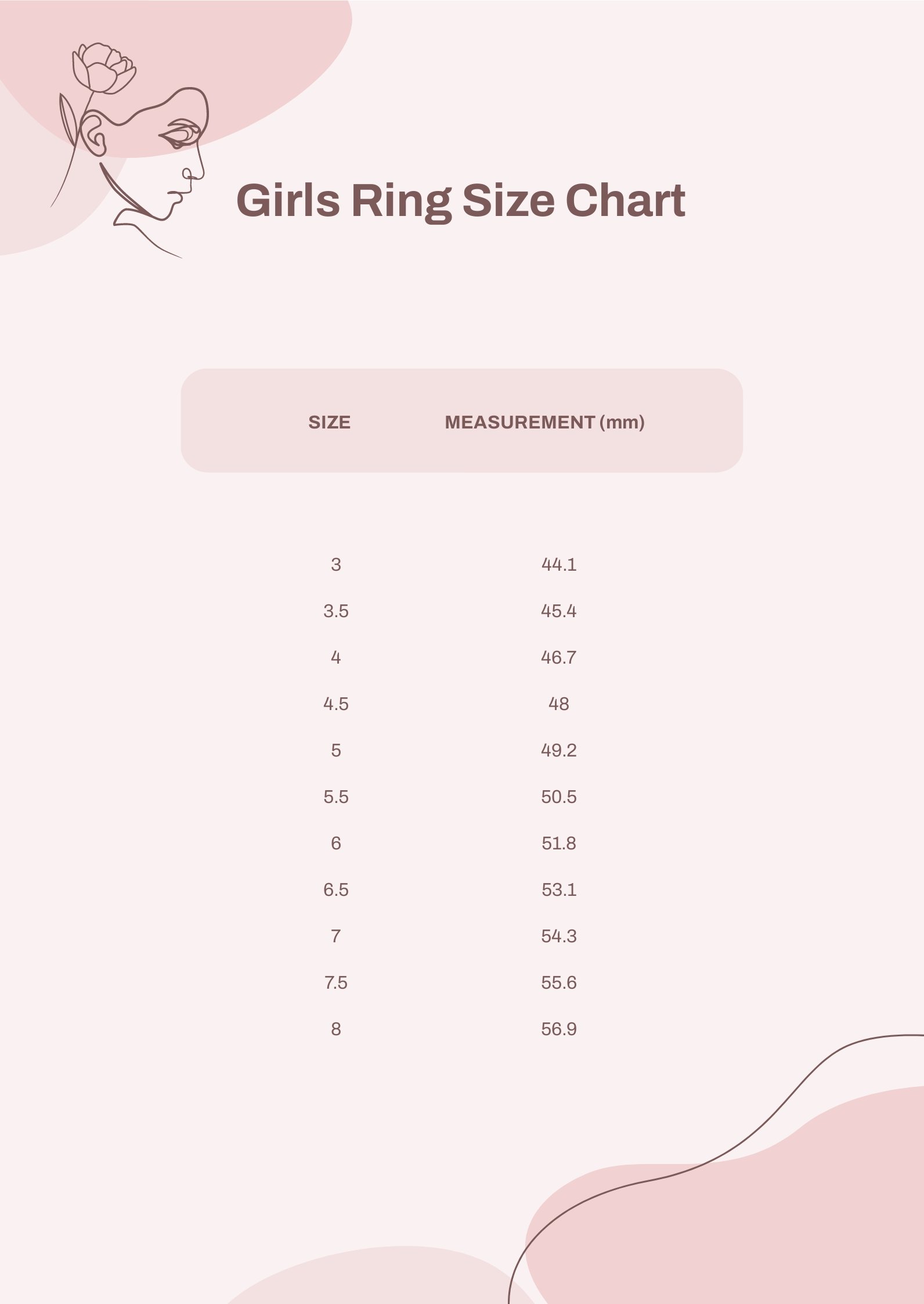 Girls Ring Size Chart in PDF