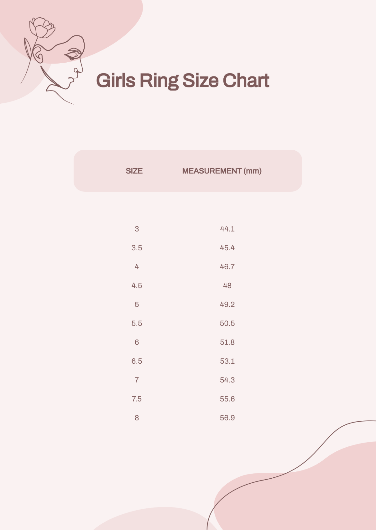 Girls Ring Size Chart Template