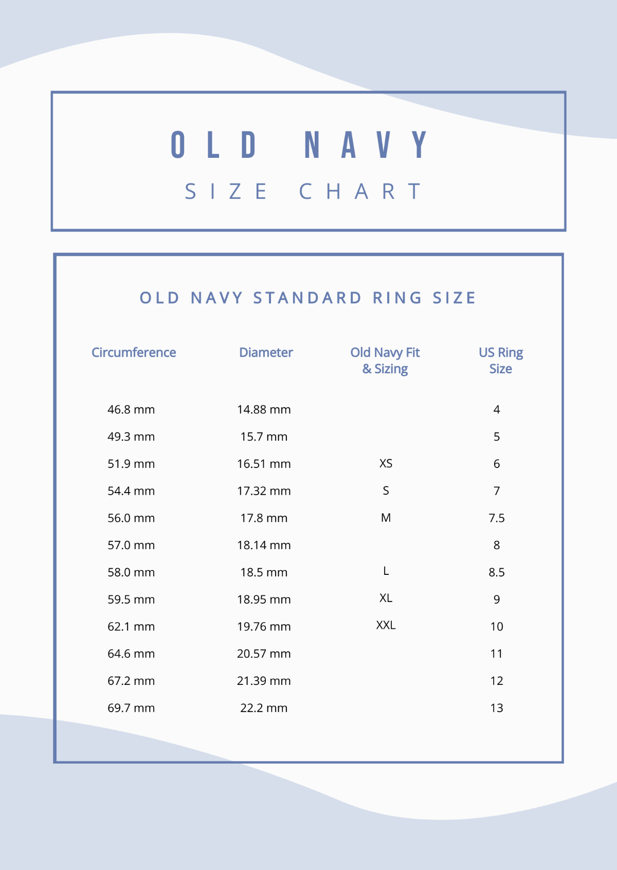 Free Old Navy Ring Size Chart Template
