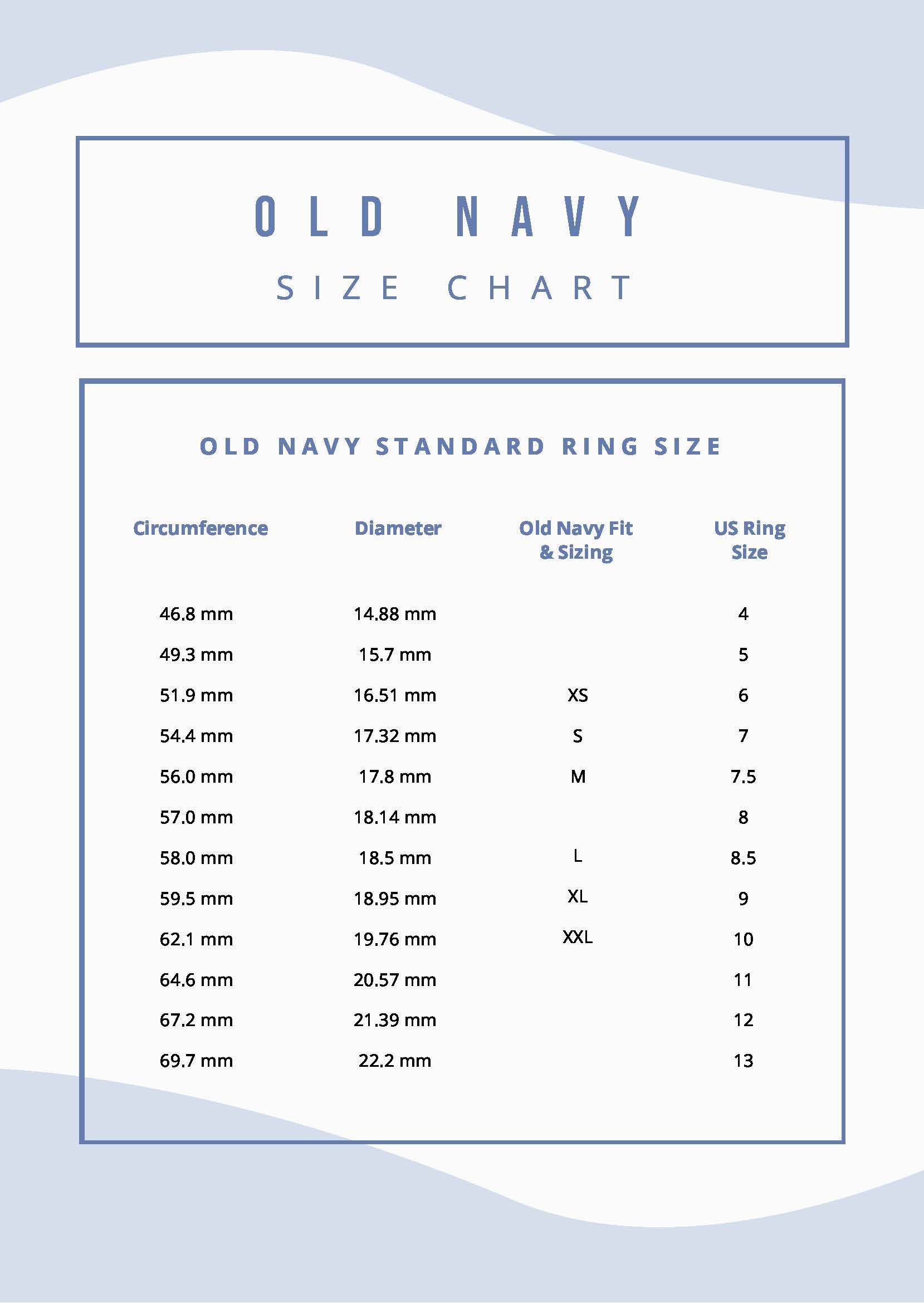 Old Navy Ring Size Chart in PDF Download