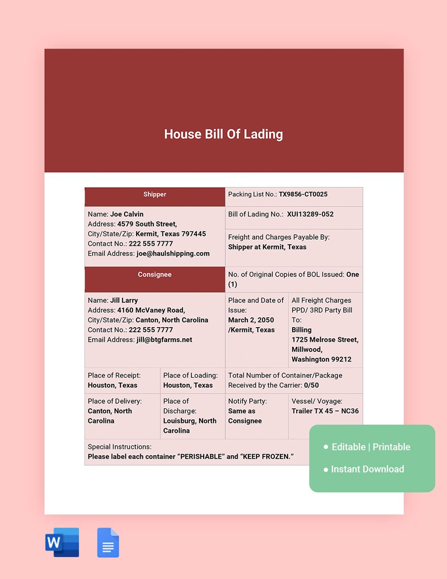 House Bill Of Lading Template
