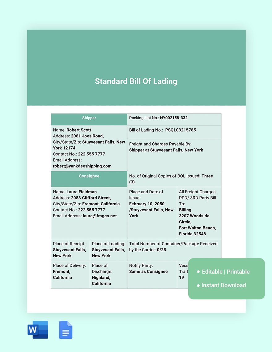 Free Standard Bill Of Lading Template