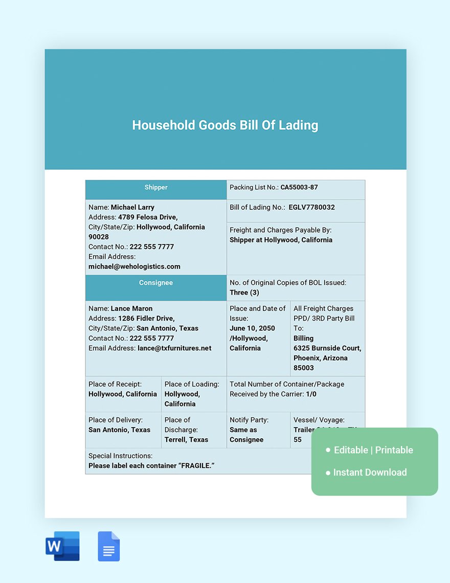 Household Goods Bill Of Lading Template