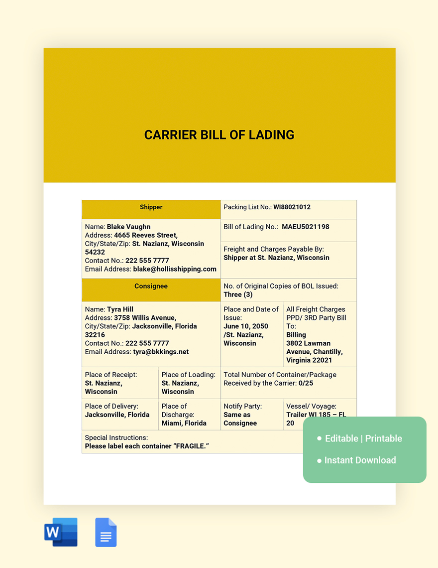 Carrier Bill Of Lading Template in Word, Google Docs