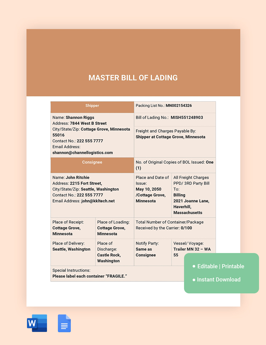 Master Of Lading Template - Google Word |