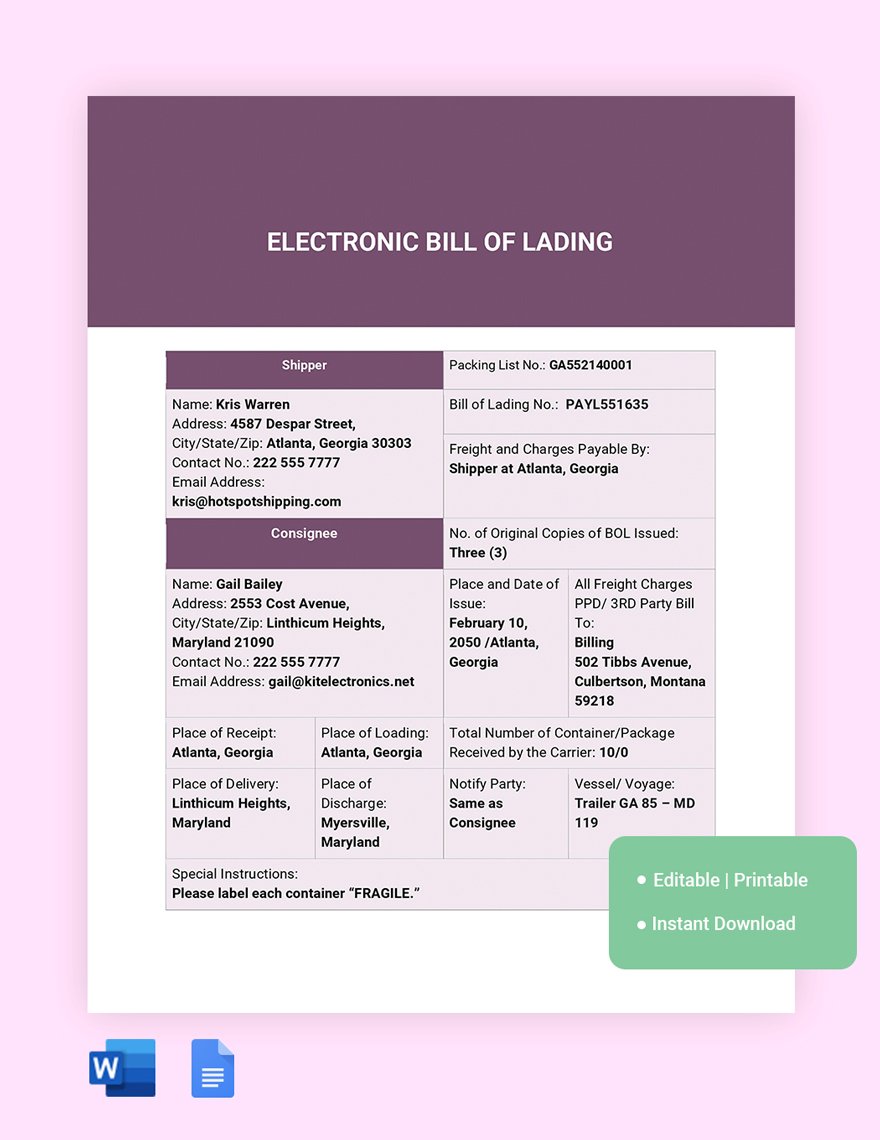 Electronic Bill Of Lading Template