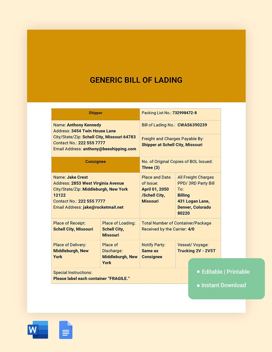 Generic Bill Of Lading Template