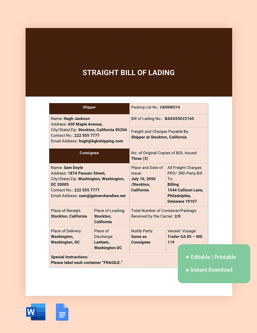 Straight Bill Of Lading Template in Word, Google Docs - Download | Template.net