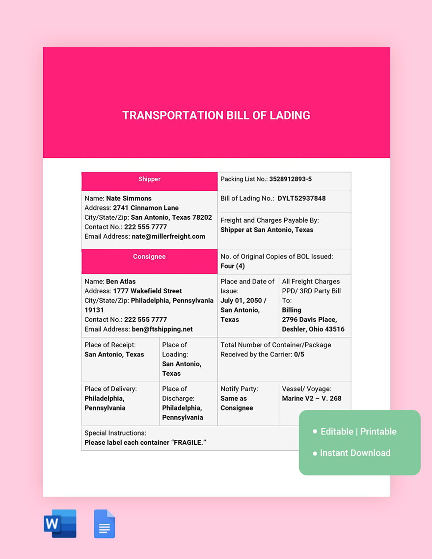 Transportation Bill Of Lading Template