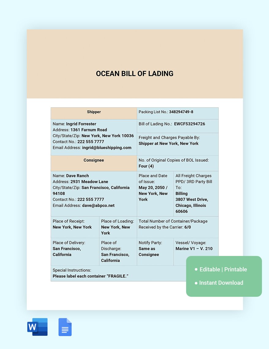 Ocean Bill Of Lading Template Word, Google Docs