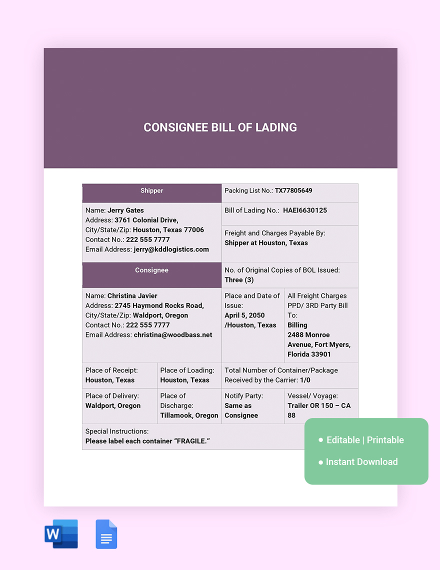 Consignee Bill Of Lading Template in Word, Google Docs - Download | Template.net