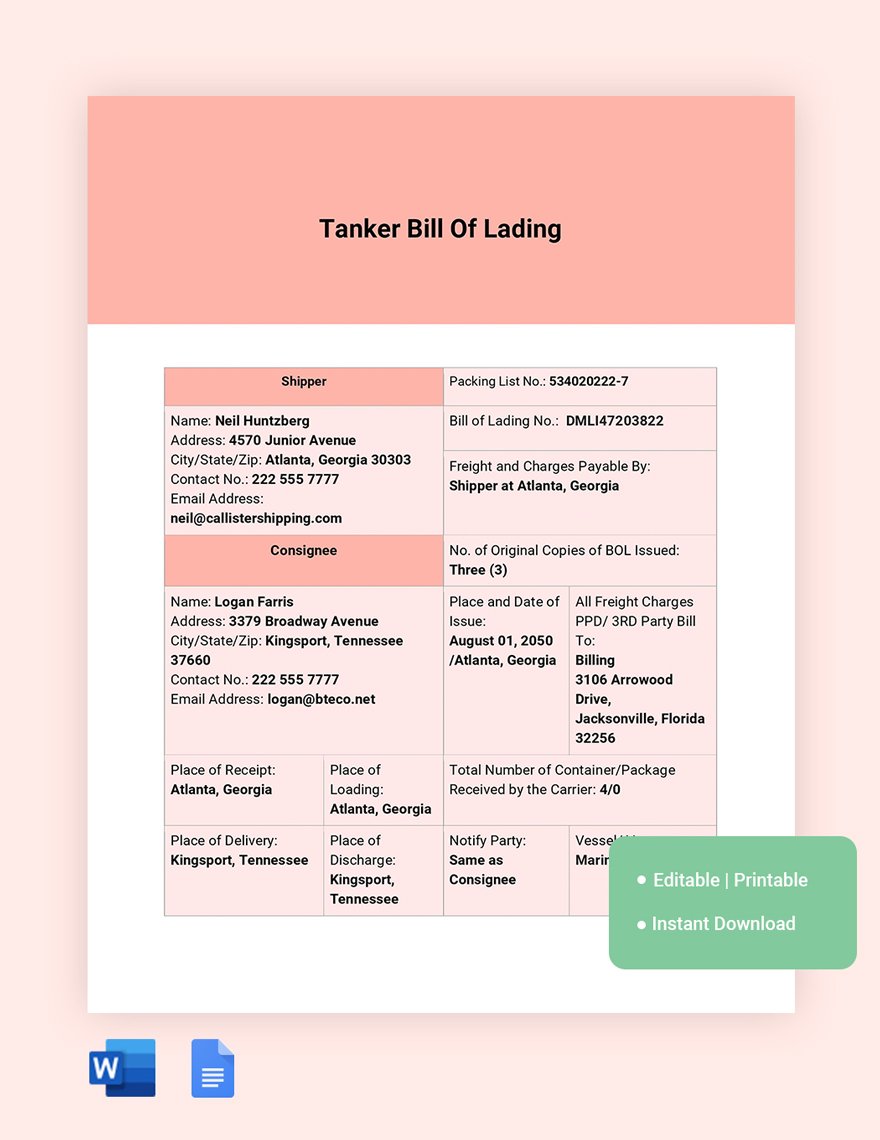Tanker Bill Of Lading Template