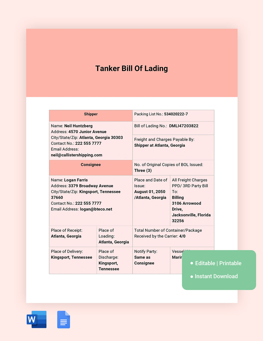 Tanker Bill Of Lading Template in Word, Google Docs