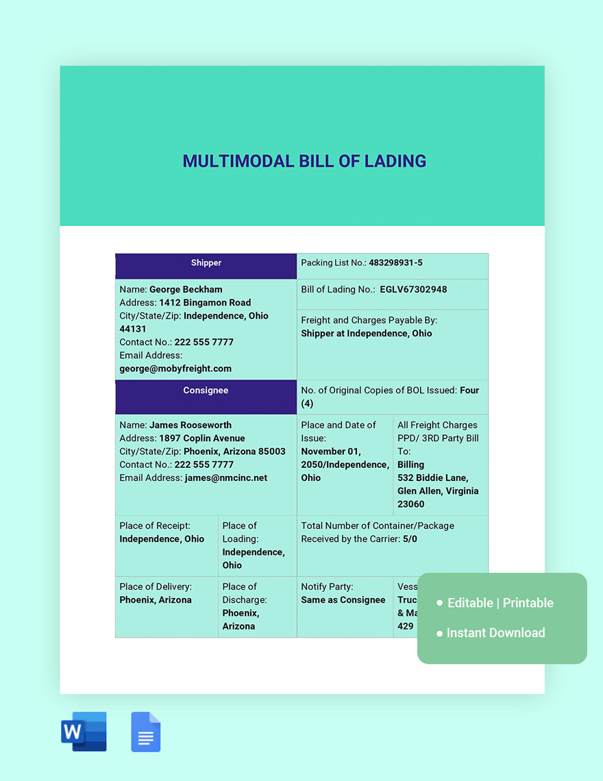 Multimodal Bill Of Lading Template in Word, Google Docs