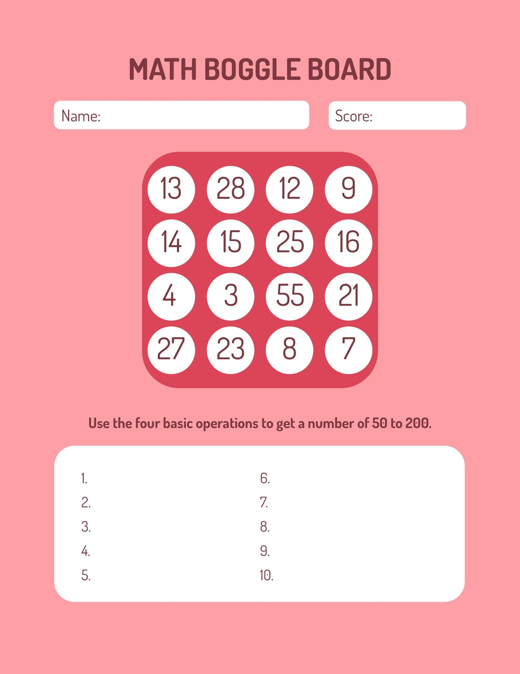 Math Boggle Board Template in Word, Google Docs, PDF, Apple Pages