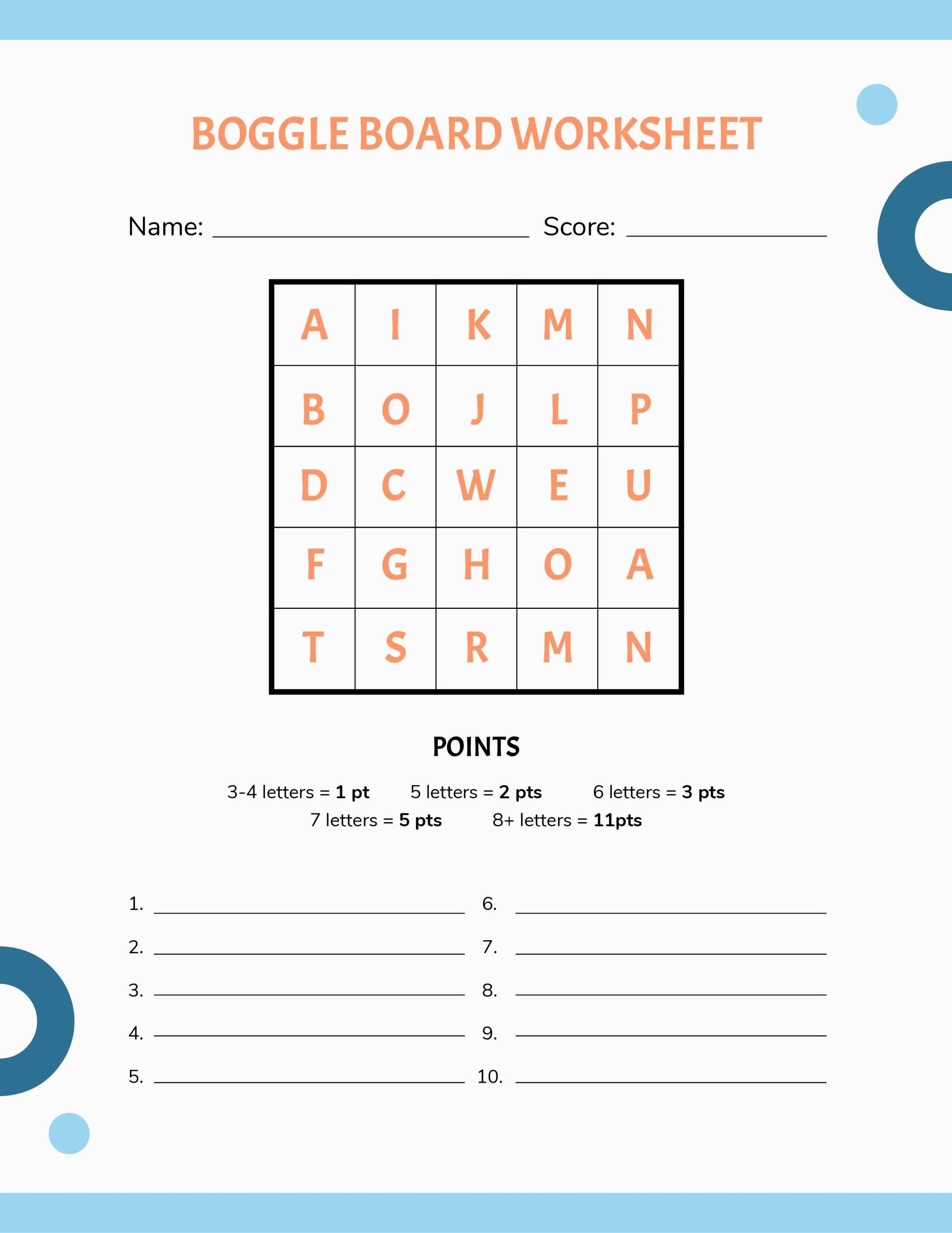 Boggle Board Worksheet Template