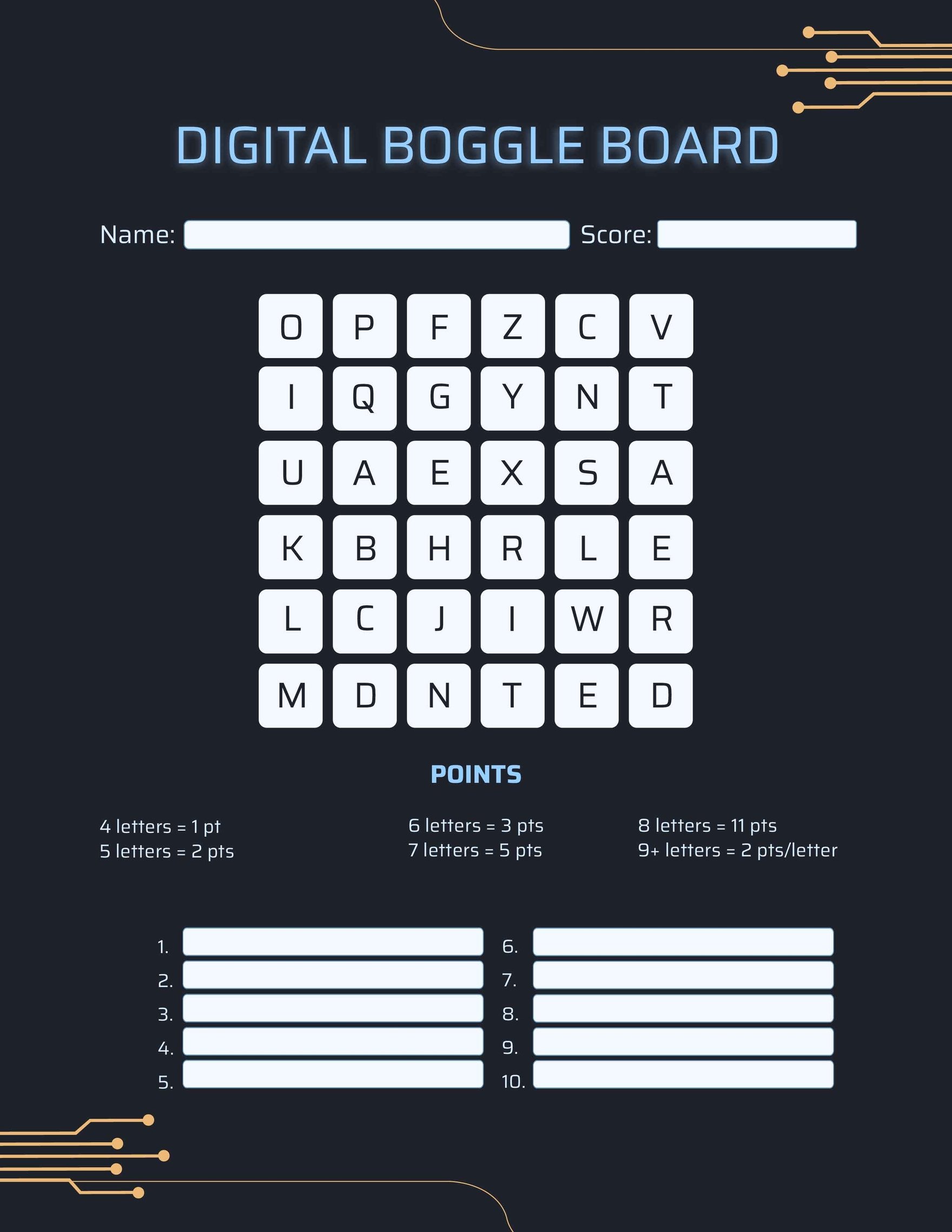 Digital Boggle Board Template