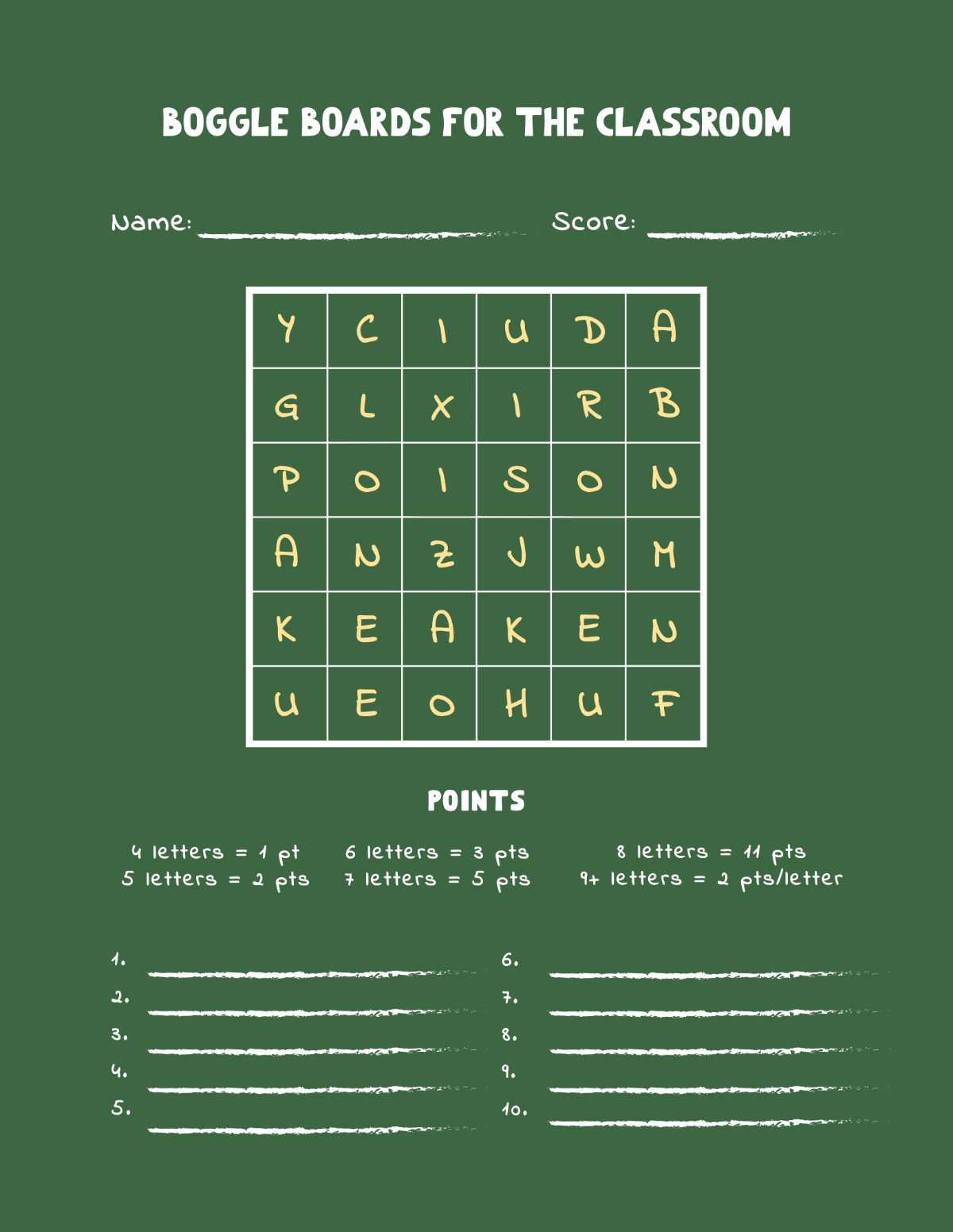 Boggle Boards For The Classroom Template