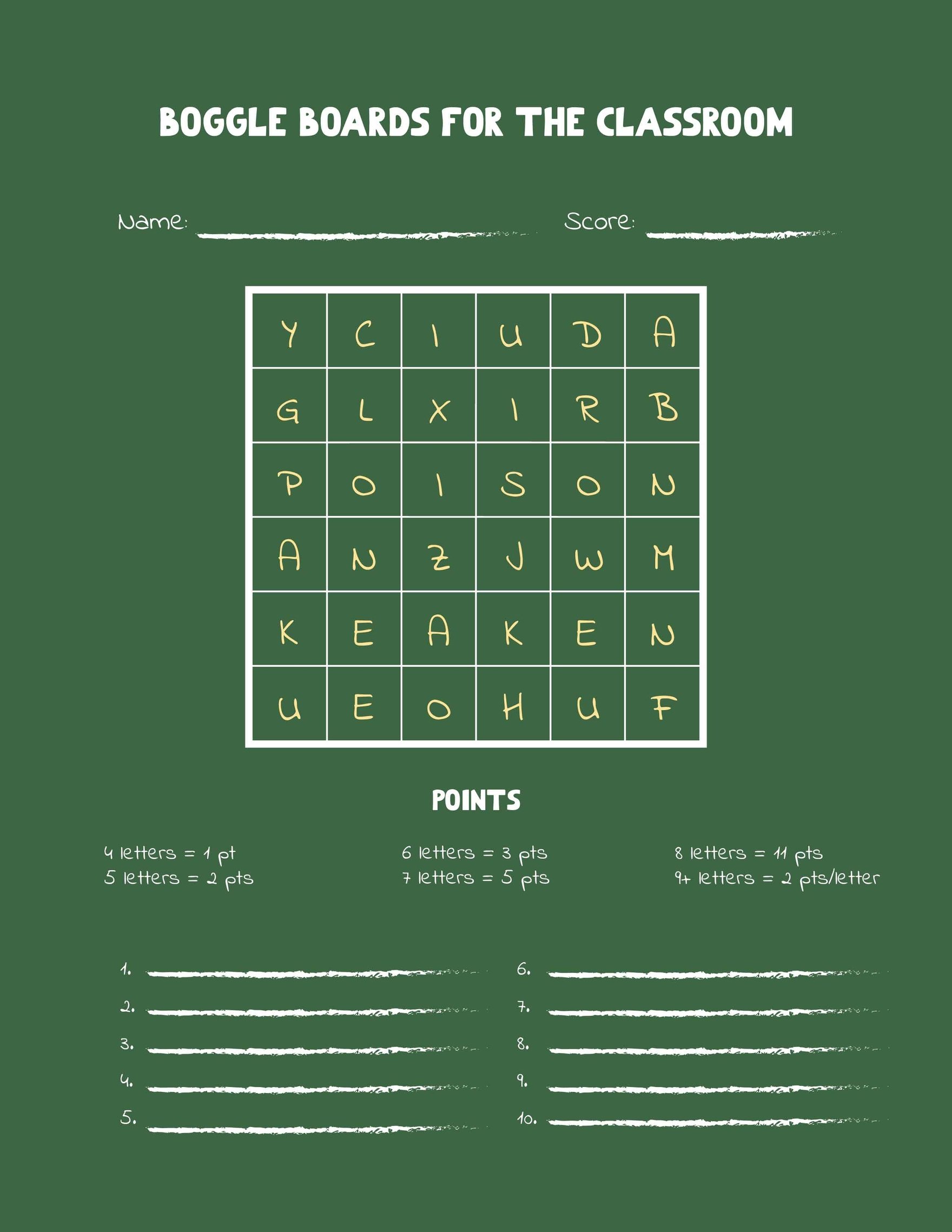 Boggle Boards For The Classroom Template