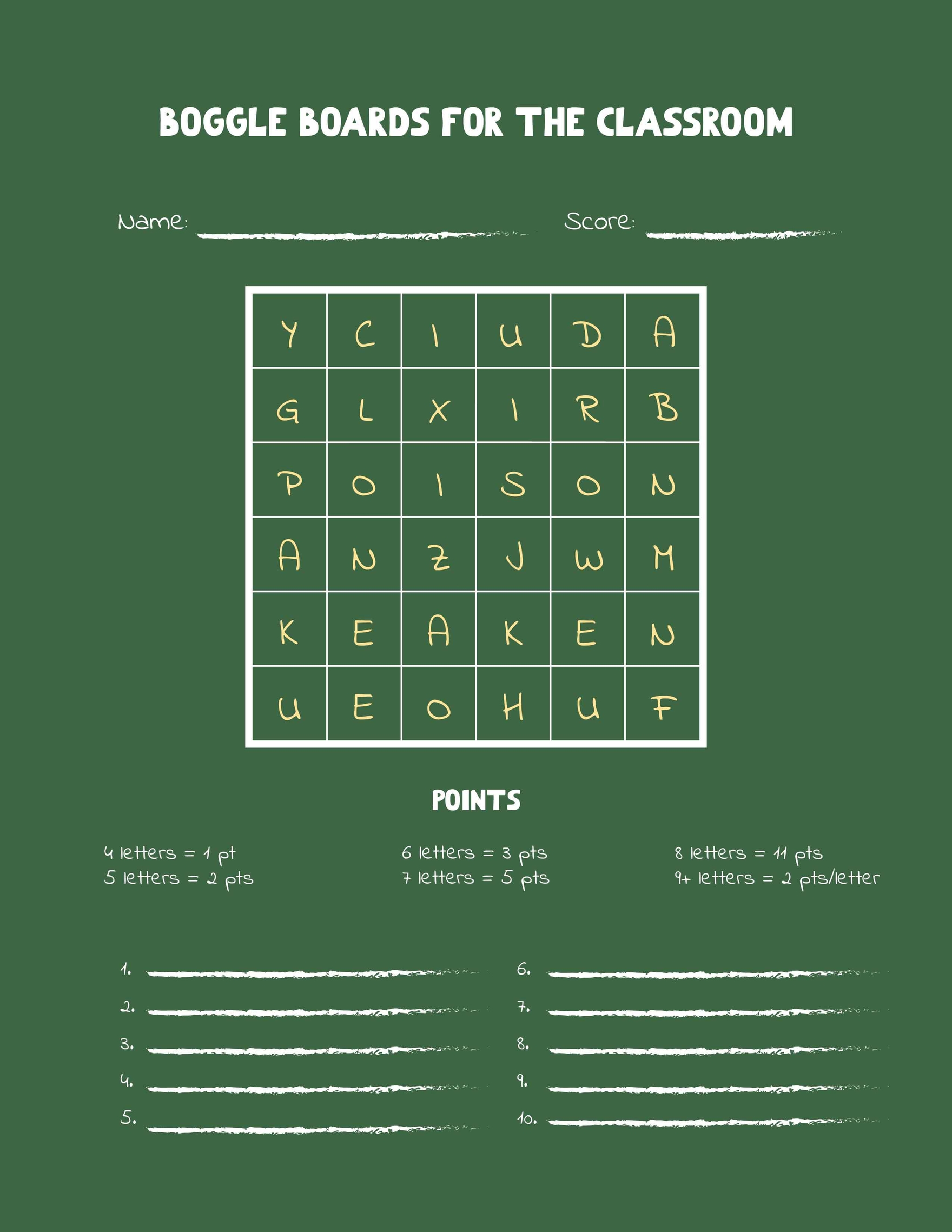 Boggle Boards For The Classroom Template