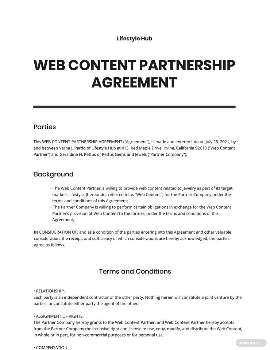 Web Content Partnership Agreement Template