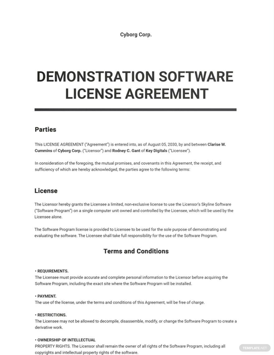 Demonstration Software License Agreement Template