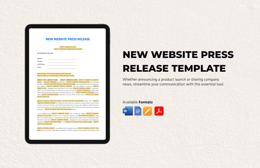 New Website Press Release Template in Word, Google Docs, PDF, Apple Pages