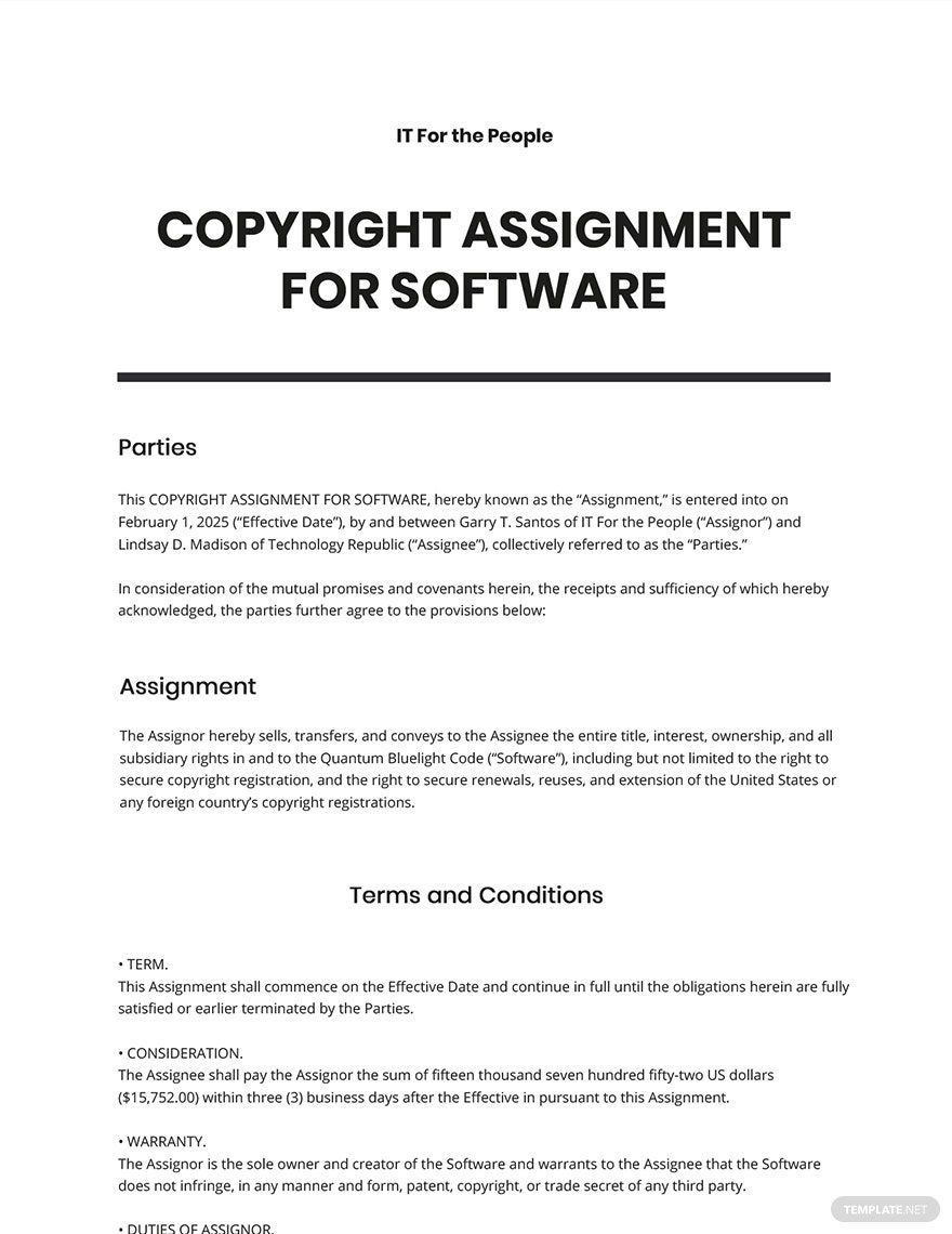Copyright Assignment For Software Template