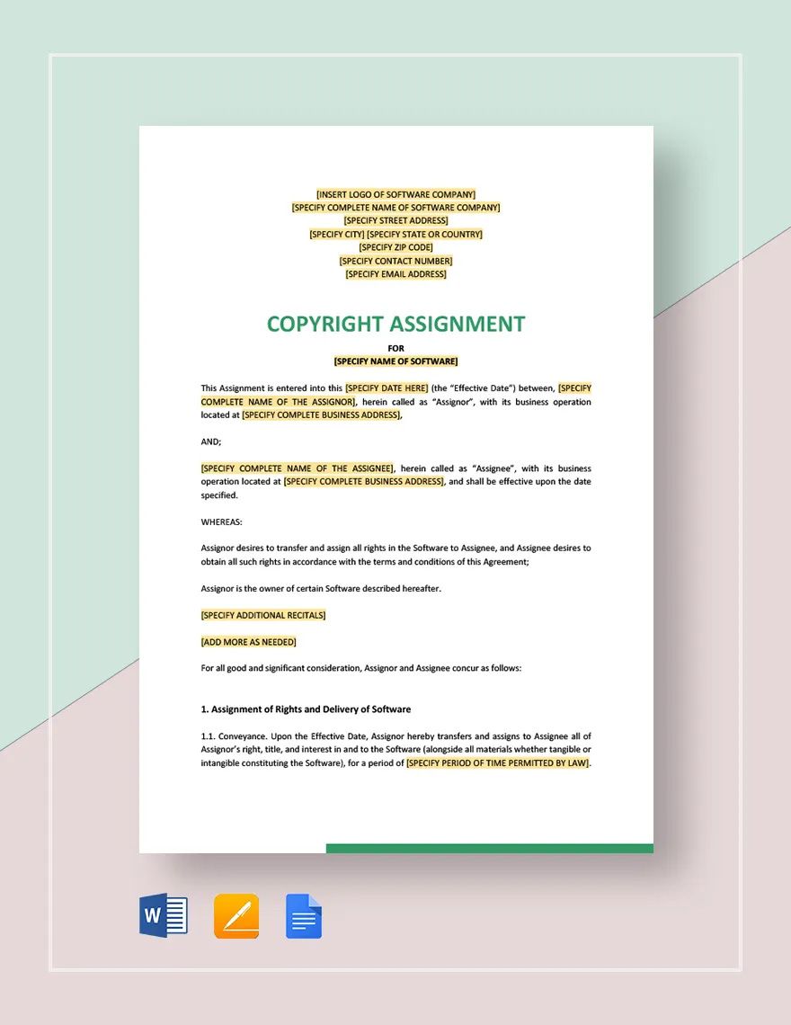 Copyright Assignment For Software Template