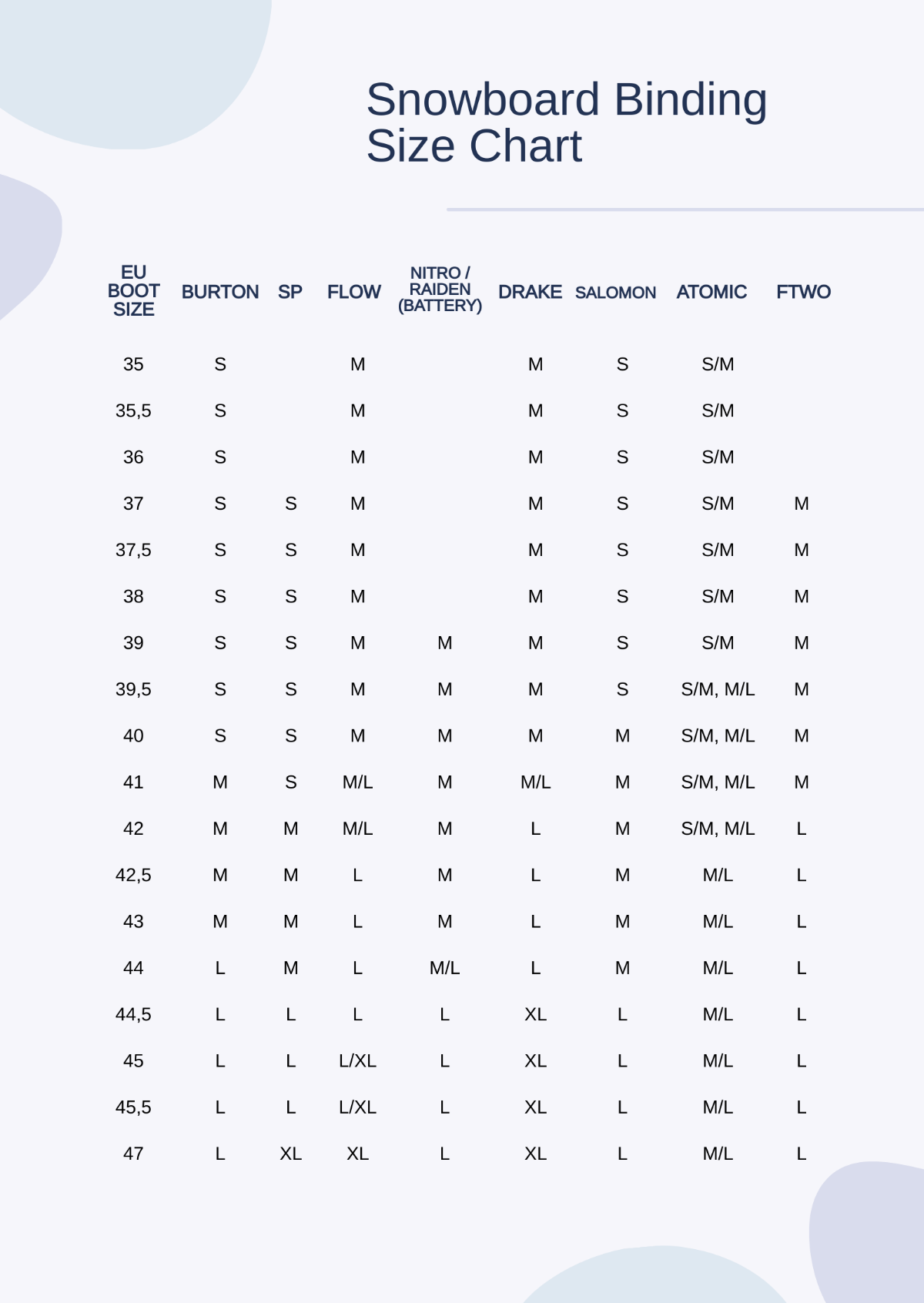 Free Snowboard Binding Size Chart Template