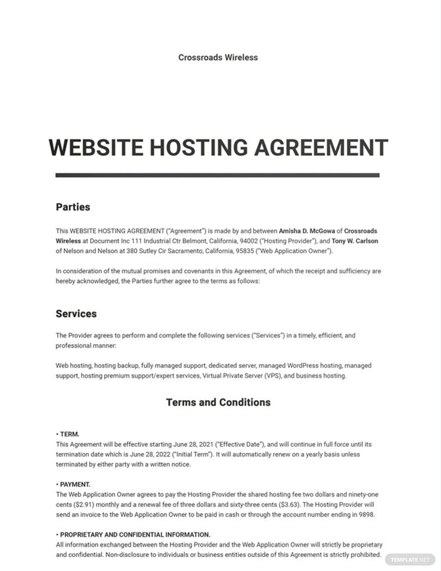 Website Hosting Agreement Template