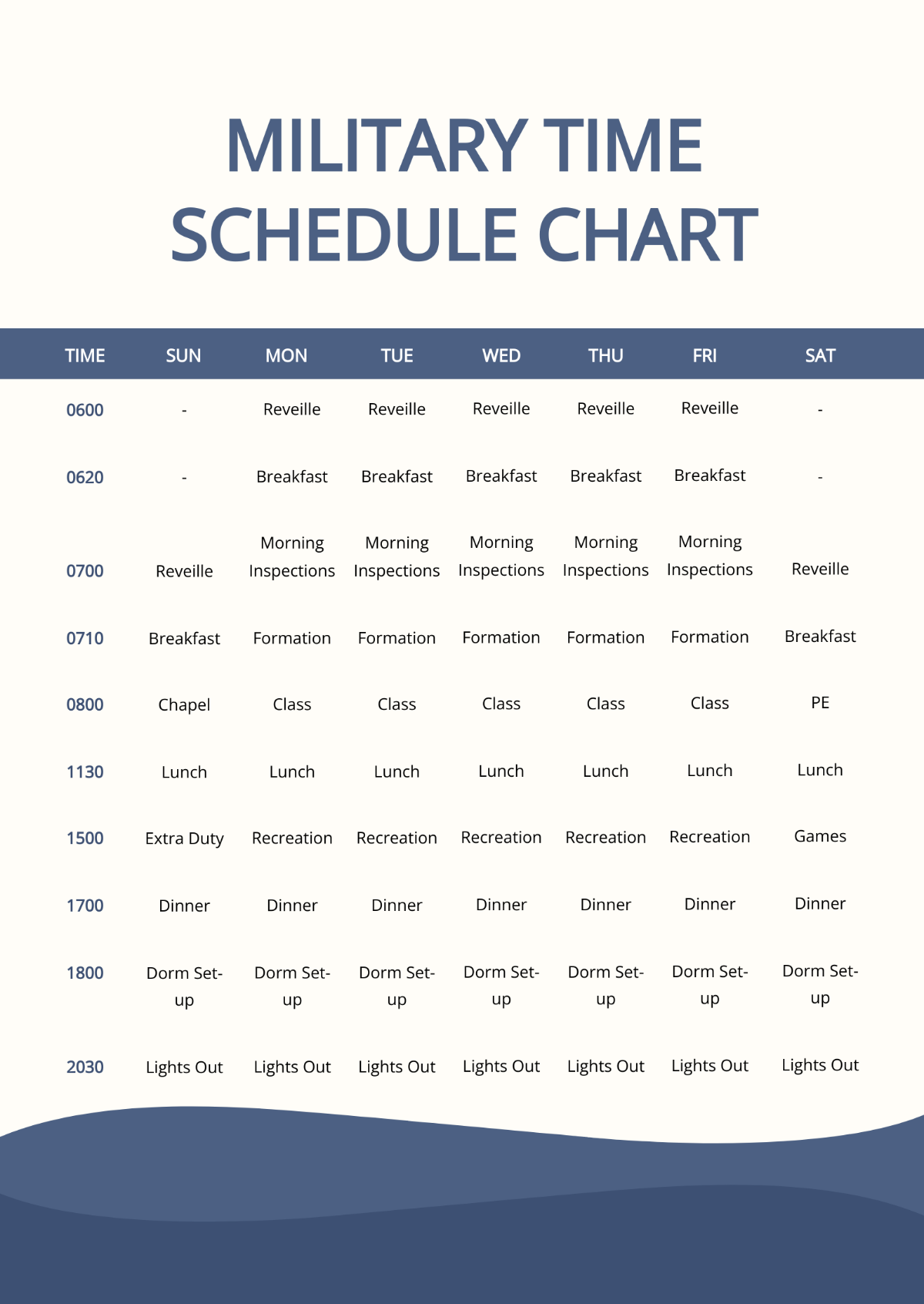 Military Time Schedule Chart Template