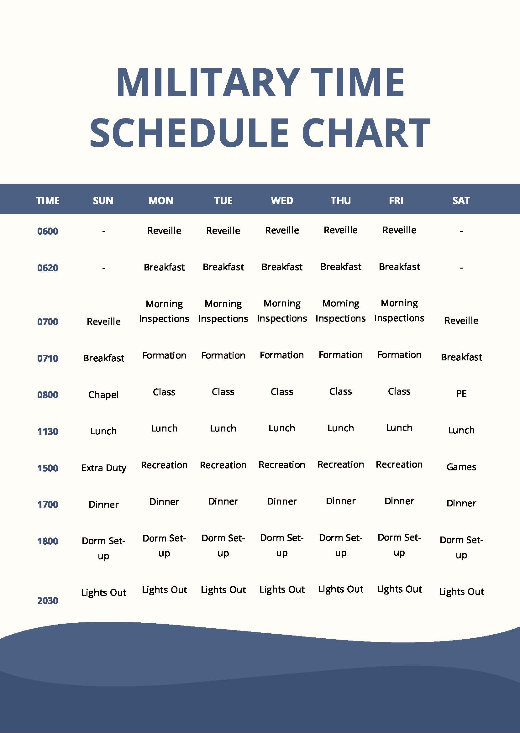 Military Time Schedule Chart