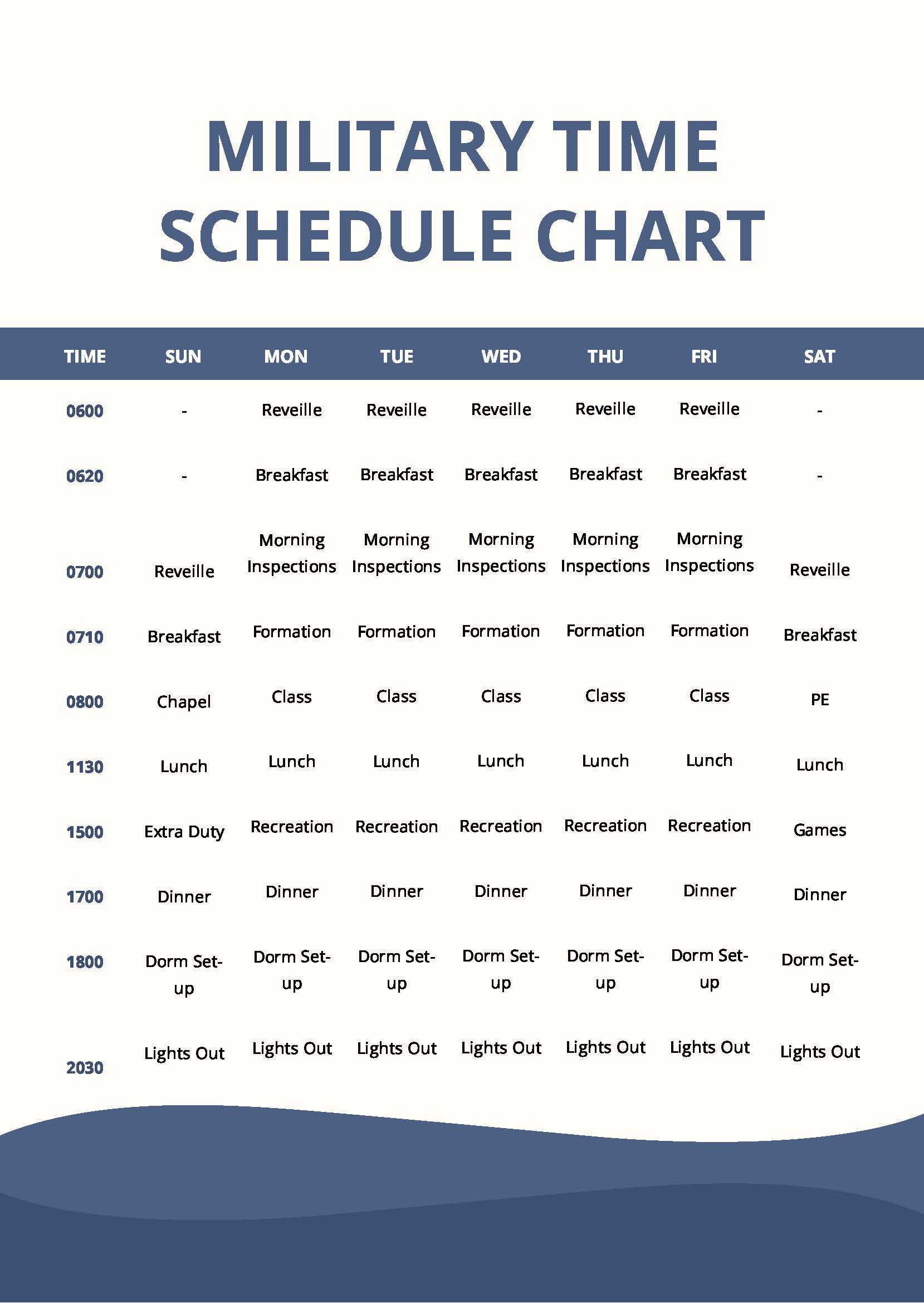 Free Military Time Schedule Chart in PDF