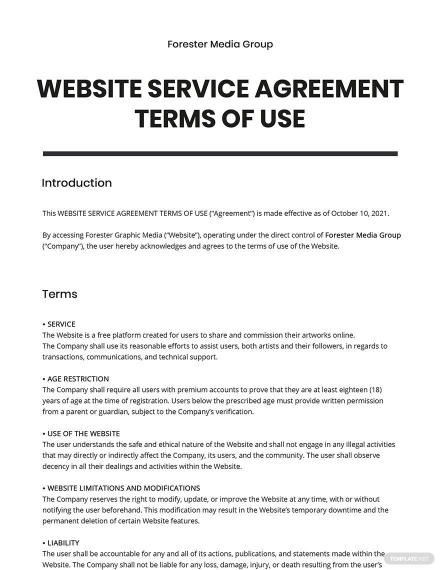 Website Service Agreement Terms of Use Template