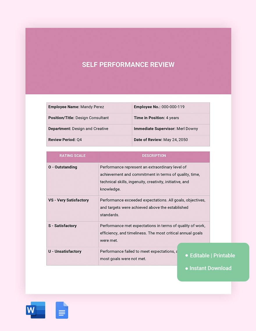 Free Self Performance Review Template in Word, Google Docs