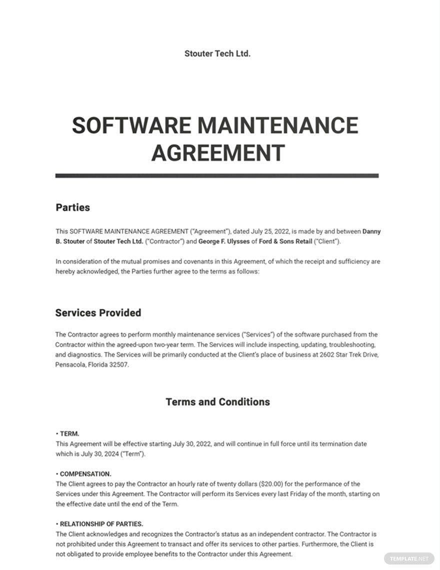 Software Maintenance Agreement Template