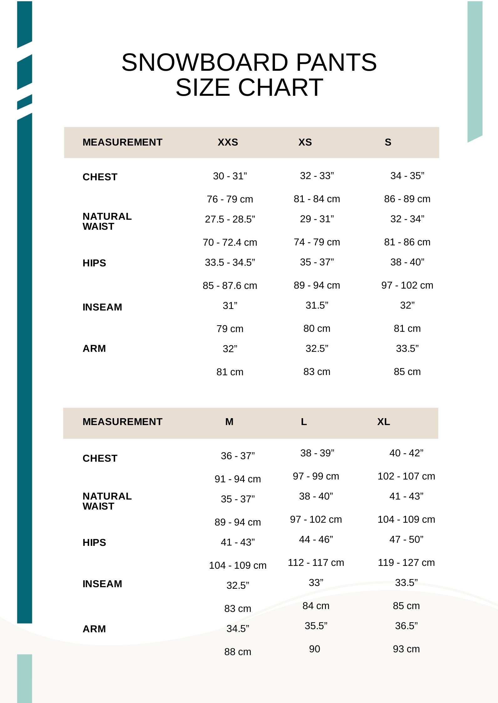 Snowboard Pants Size Chart in PDF
