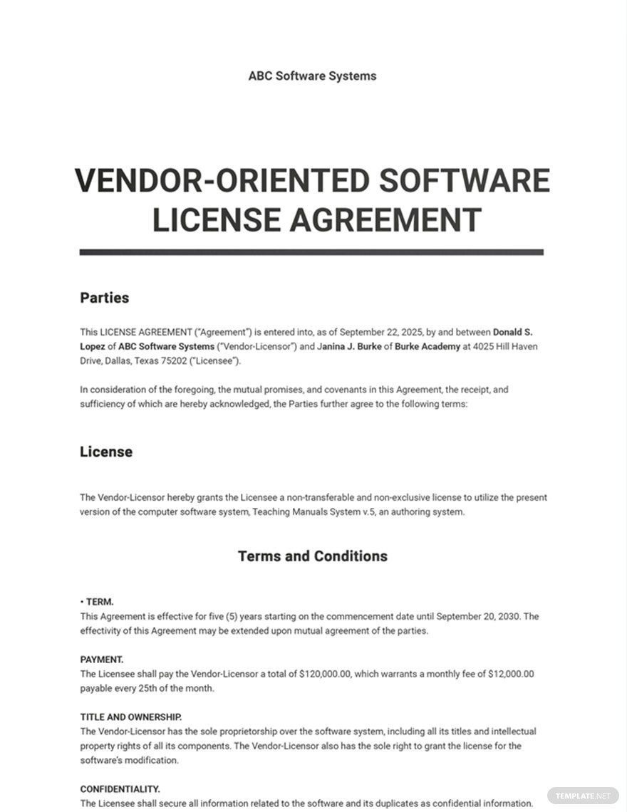 Vendor-Oriented Software License Agreement Template