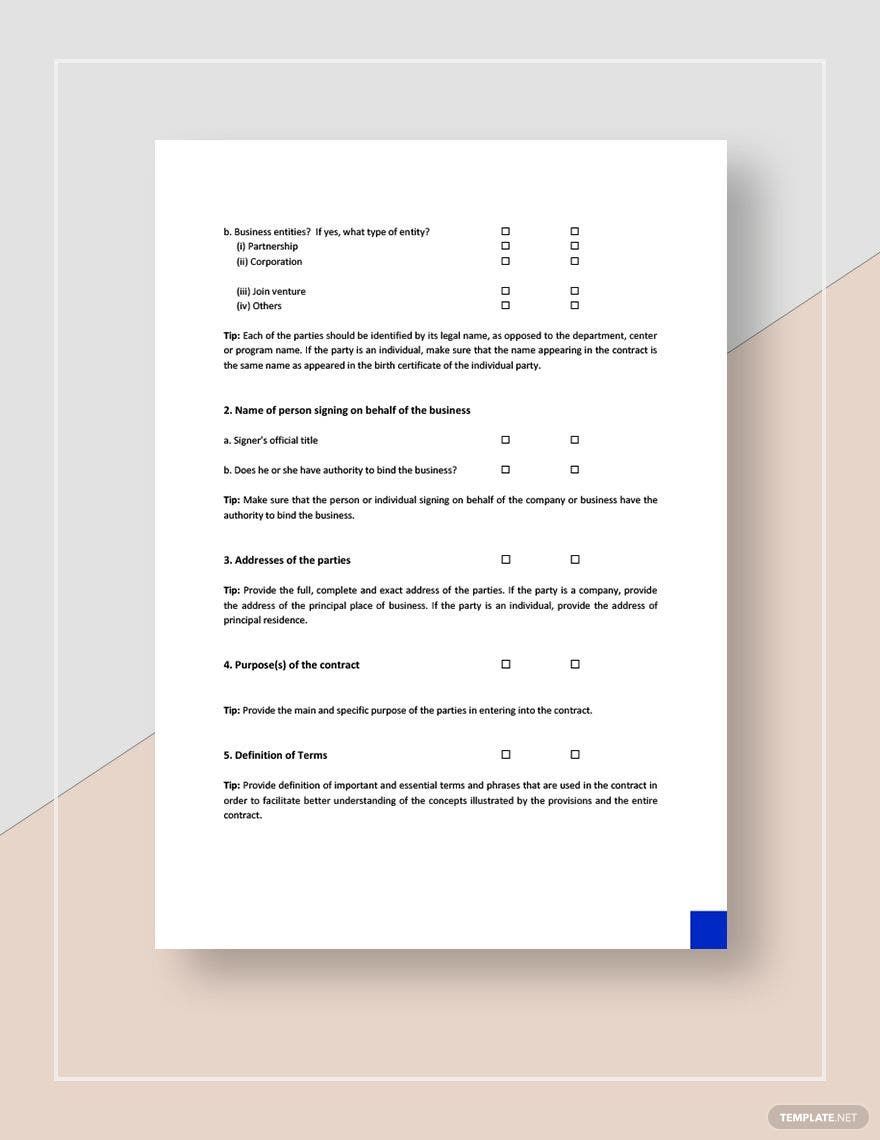 Contract Terms and Provisions Checklist Template
