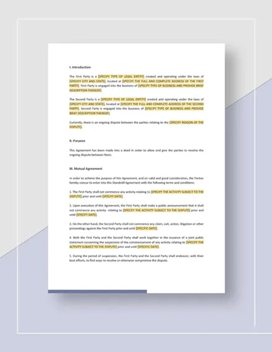 Standstill Agreement Template Google Docs, Word, Apple Pages