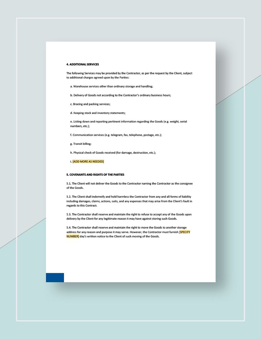 Contract for Storage of Goods Template