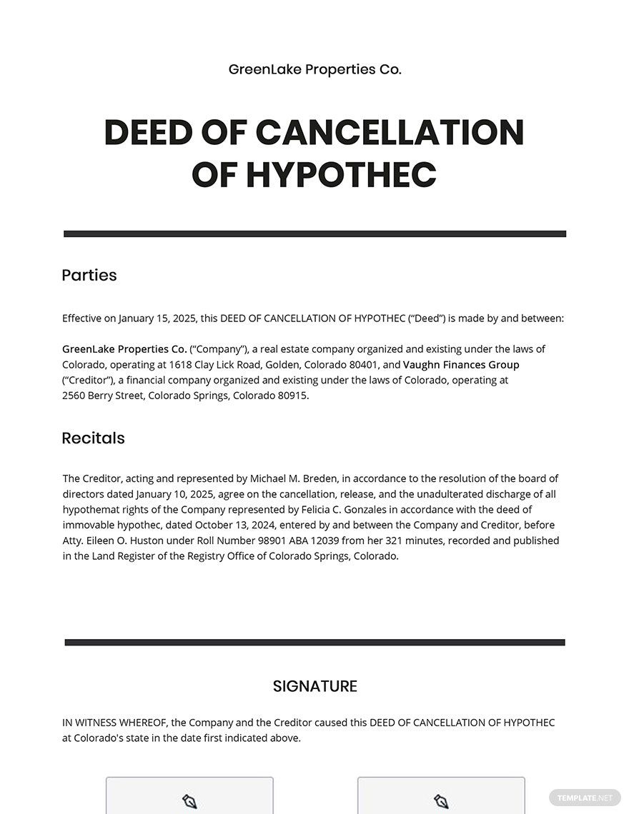 Deed of Cancellation of Hypothec Template