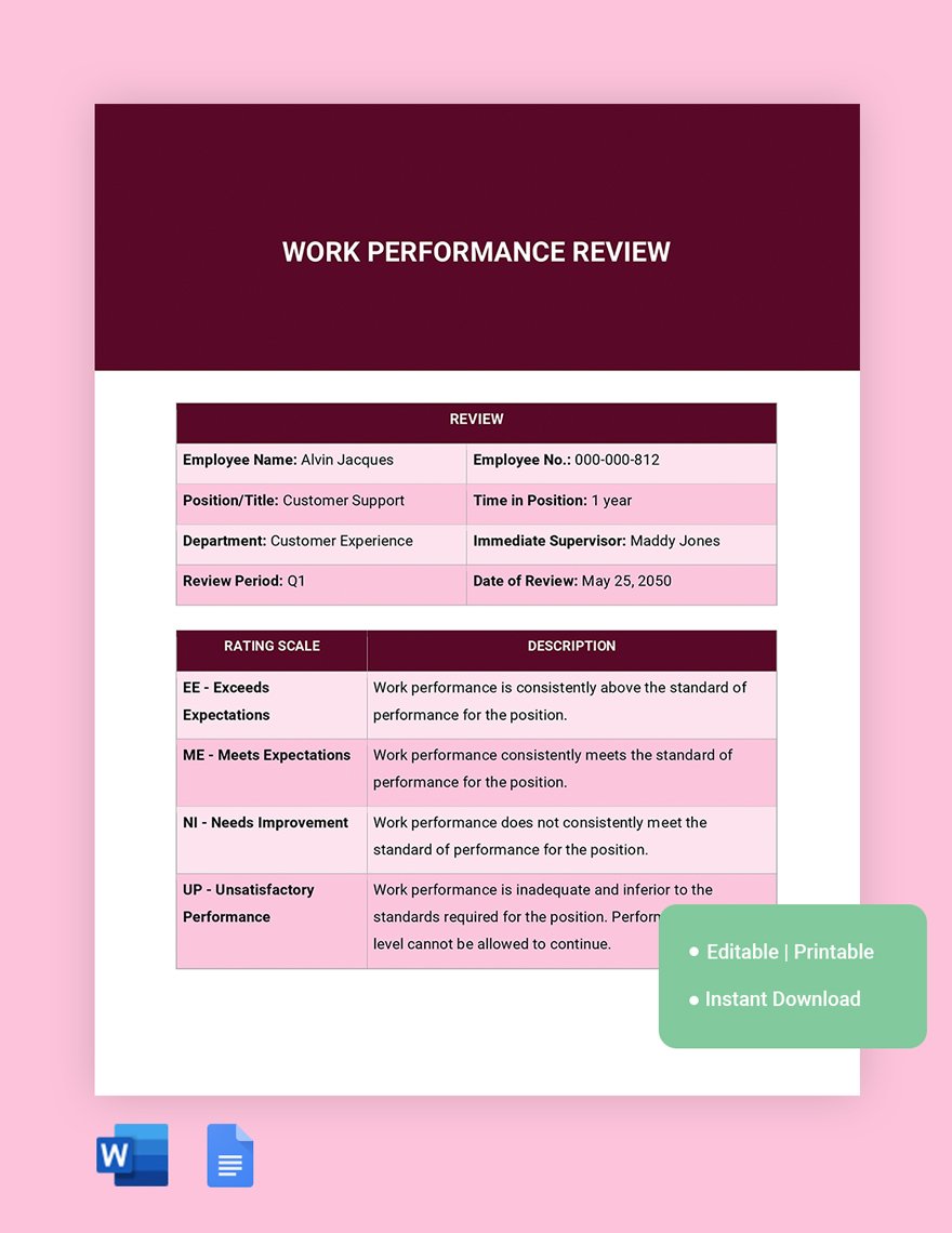 Free Work Performance Review Template in Word, Google Docs